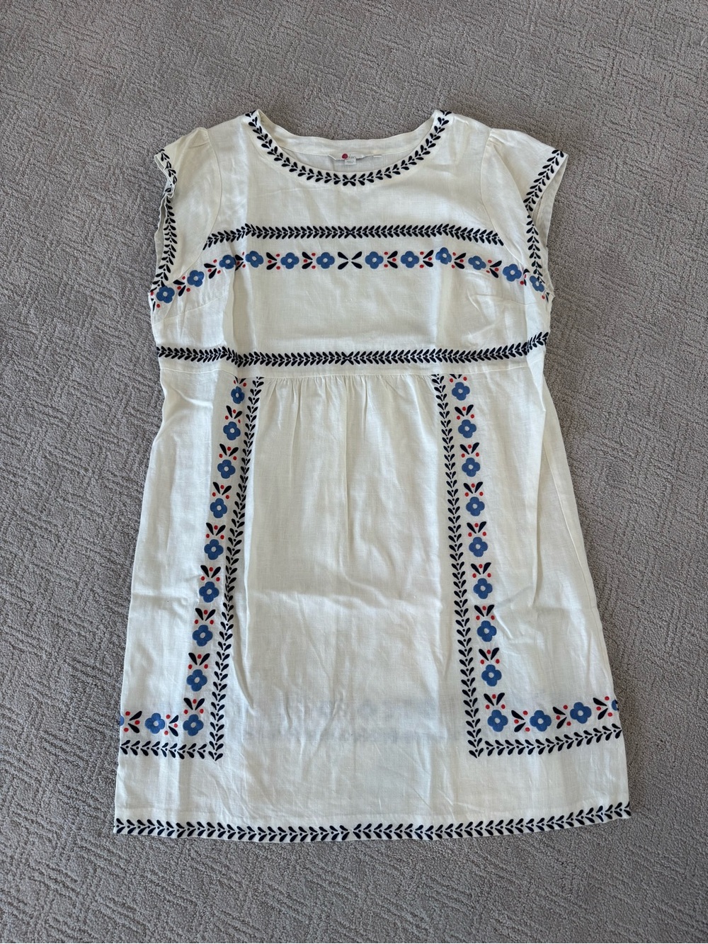 Boden White Mini Dress with Blue and Red Floral Embroidery | Size 16R
